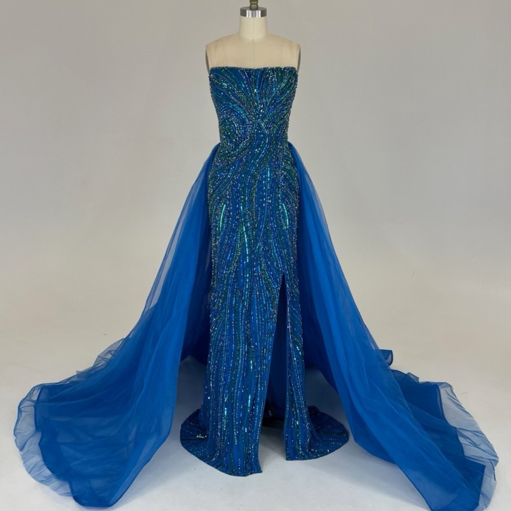 ASHLEY Lauren Custom Peacock Blue Evening Gown